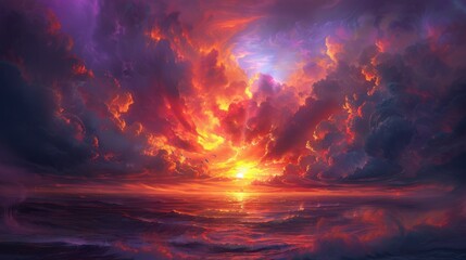 Naklejka premium Sunset with Storm Clouds: A tumultuous sky envelops the setting sun, casting an ominous glow over the horizon as storm clouds gather in solemn anticipation. 