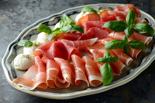 Prosciutto and mozzarella antipasto on plate