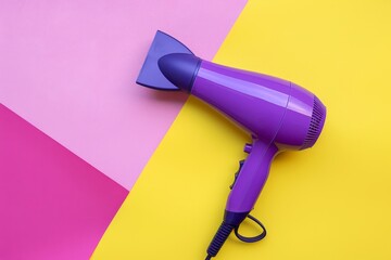 Purple hair dryer on colorful paper background