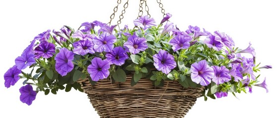 Purple Petunias in hanging basket on white background