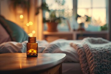 Empty medicine bottle on a nightstand with a cozy bedroom background