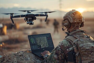 Military soldiers utilizing drone and laptop for reconnaissance in desert operation
