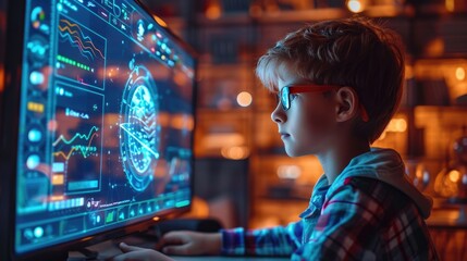 Fototapeta premium A young boy wearing glasses, focused on a large computer screen displaying futuristic graphics in a dark room.