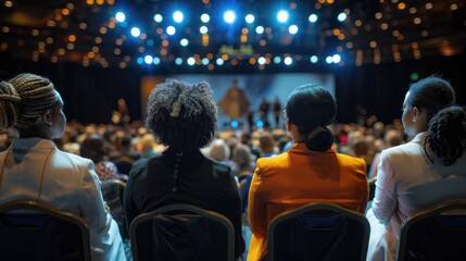 Audience members in a conference hall with bright stage lights. People in the foreground are focused on the event ahead.