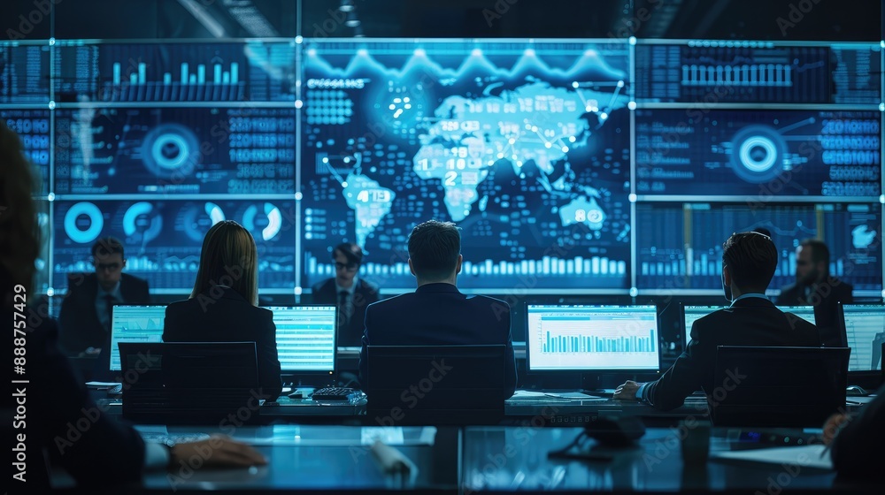 Poster business professionals analyzing global data on multiple screens in a modern control room, highlight