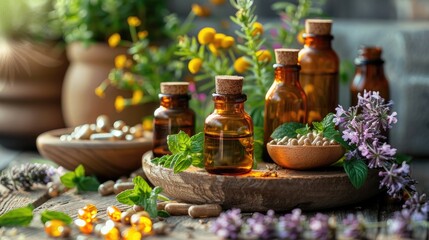Obraz premium Assorted essential oils and herbs on a wooden tray, surrounded by fresh flowers and herbal capsules. Perfect for natural remedies and wellness.