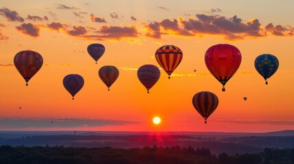 Fototapeta premium Sunset with Hot Air Balloons: In the fading light of sunset, hot air balloons soar peacefully, adding a touch of magic to the serene and picturesque scene. 