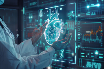 Male doctor or scientist with floating human heart graphic hologram screen in laboratory. medical technology Future research and diagnosis.
