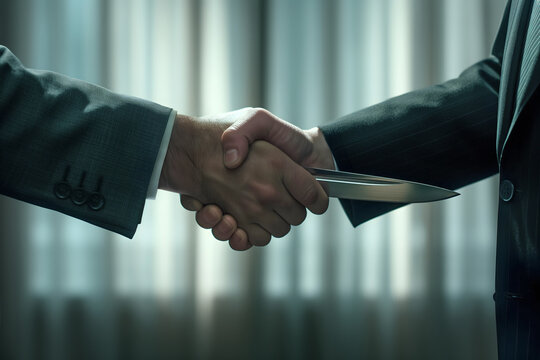 Businessman shaking hands with sharp knives. Covert fraud, betrayal, or corruption.