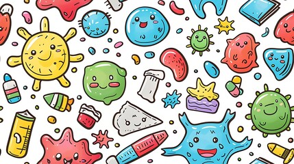 Seamless pattern with cute colorful germs and bacteria characters