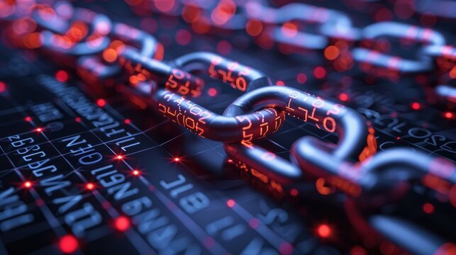 Close up of a digital chain symbolizing blockchain technology, with red illumination and binary code in the background.