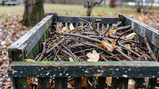 A collection box from a garden shredder filled with shredded branches and pieces of vine is ideal for mulching trimmed material during spring cleaning.
