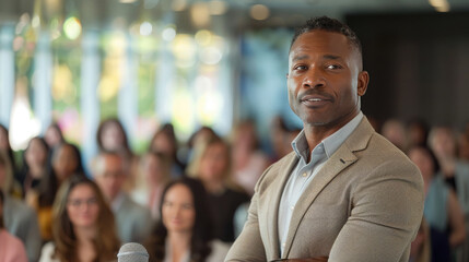 Obraz premium Confident speaker addressing a diverse audience during a conference. Professional setting with natural light and engaged participants.