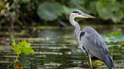 The grey heron, found in its natural habitat, is a striking and elegant bird often seen wading in shallow waters or standing motionless along the edges of lakes, rivers, and marshes.