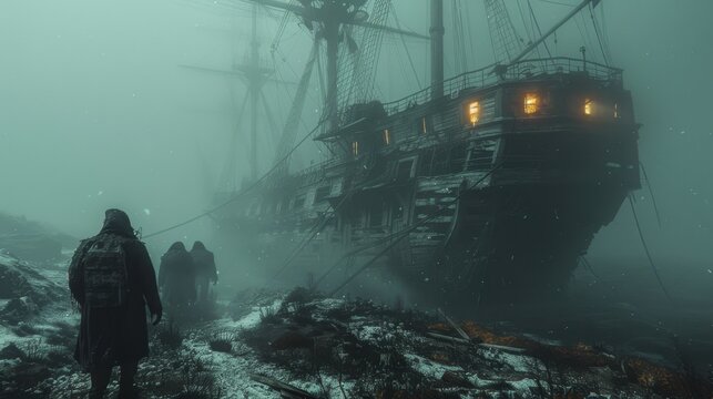 Explorers on a haunted abandoned ship, with eerie lighting, fog, and decaying structures