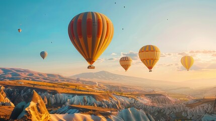 Obraz premium Hot air balloons, also known as atmosphere balloons, soaring over the mountainous landscape of Cappadocia, Turkey, a UNESCO World Heritage Site since 1985.