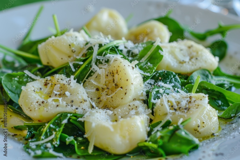 Canvas Prints Ricotta dumplings with spinach arugula salad lemon and olive oil dressing topped with Parmesan cheese