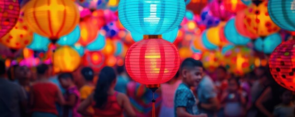 Fototapeta premium Traditional Latino festival with paper lanterns and vibrant costumes, children playing, Pop Art, Neon lights, Energetic scene