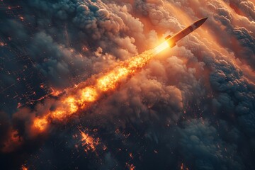 Military satellite launches missile in city for international conflict with atomic bomb in warzone