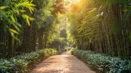 A path through a dense bamboo forest, with towering stalks creating a serene, green canopy and dappled sunlight filtering through.