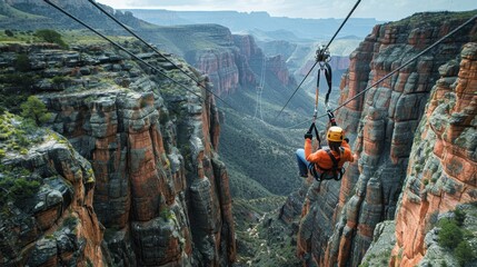 A zip line stretches across a deep canyon, with breathtaking views of the rugged landscape below and the thrill of soaring through the air.