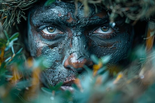 Stealth operation  commando in ghillie camouflage executing ambush in dense forest