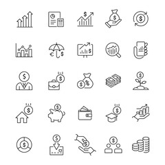 Set of line icon related to income, salary, money, business. Outline icon collection dividends, portfolio, growth, real estate, investment.