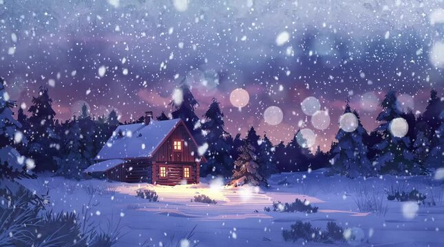 Glowing house in a snowy landscape, creating a warm and inviting scene with the soft illumination of the house contrasting beautiful Seamless looping 4k time-lapse virtual video animation Generated AI