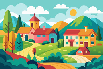 Fototapeta premium Colorful Cartoon Style Rural Landscape: Flat Illustration for Children's Book Cover Design