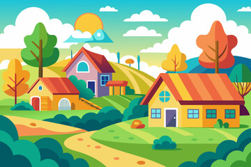 Naklejka premium Colorful Cartoon Style Rural Landscape: Flat Illustration for Children's Book Cover Design