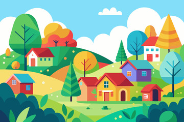 Colorful Cartoon Style Rural Landscape: Flat Illustration for Children's Book Cover Design