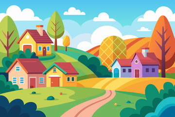 Naklejka premium Colorful Cartoon Style Rural Landscape: Flat Illustration for Children's Book Cover Design