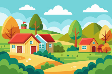 Fototapeta premium Colorful Cartoon Style Rural Landscape: Flat Illustration for Children's Book Cover Design