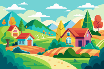 Naklejka premium Colorful Cartoon Style Rural Landscape: Flat Illustration for Children's Book Cover Design
