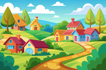 Colorful Cartoon Style Rural Landscape: Flat Illustration for Children's Book Cover Design