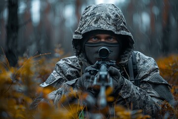 Camouflaged sniper in forest ambush  military marksman concealed in woods with rifle