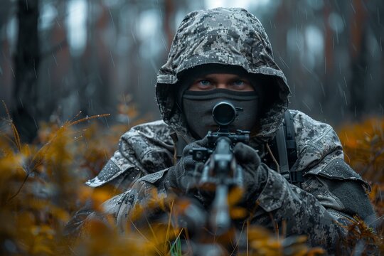 Camouflaged sniper in forest ambush  military marksman concealed in woods with rifle