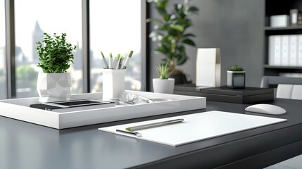 Fototapeta premium Desk Organizer: A desk organizer with no label on a clean workspace. 