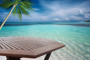 Wooden table with tropical sea landscape background