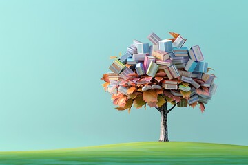 3D tree with books as leaves each book radiating knowledge and wisdom standing majestically on serene green field against solid pastel blue background