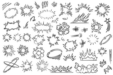 Cartoon lines effects and sparks. Vector comic doodle hand drawn splashes burst and explosion elements. Boom and bang motion sketch. © Chorna_L