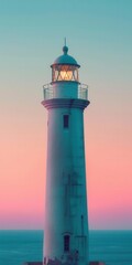 Gentle gradient backdrop from pink to teal, worm's-eye view of a lighthouse, clear sky for copy