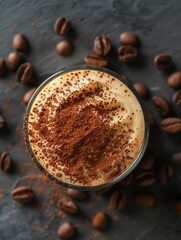 Italian tiramisu in a glass, bird's-eye view, copy space available