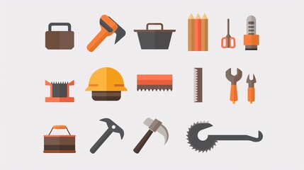 Obraz premium Clean and minimalistic icons of carpentry, saws, and nails in bright colors