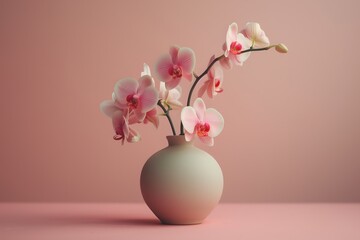 A delightful arrangement of a vase with a bouquet of pink Phalaenopsis orchids on a minimalist background in pastel pink colors under soft and gentle lighting  © Umaporn