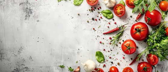 Fresh Tomatoes, Herbs, and Spices on a White Background