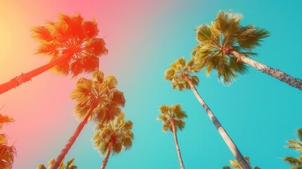 Obraz premium Vibrant background gradient from orange to blue, worm's-eye view of tall palm trees against clear sky, space for copy