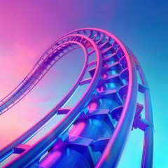 Obraz premium Vivid gradient background from turquoise to purple, worm's-eye perspective of roller coaster, space for text