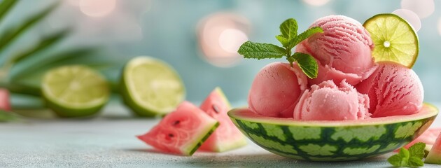 Photorealistic watermelon sorbet served in a hollowed-out watermelon bowl, garnished with mint sprigs and lime slices Cool summer treat with soft ambient light