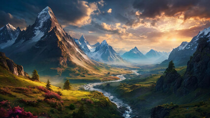 fantasy landscape with river and mountains at sunset
